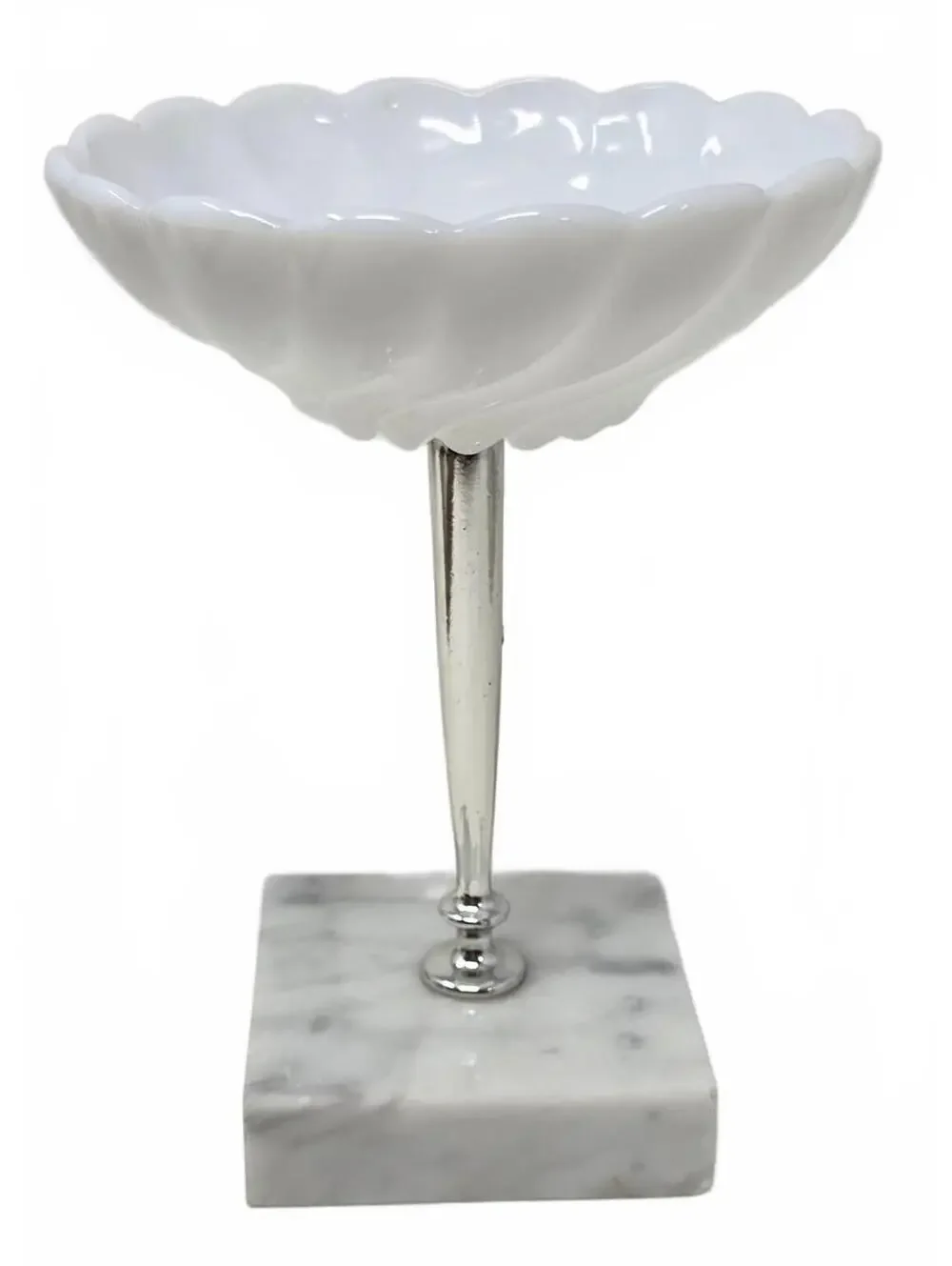 White Milk Glass Pedestal Dish with Marble Base | Scalloped Compote